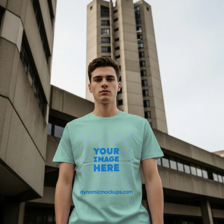 Man Wearing Mint T-shirt Mockup Front View Template
