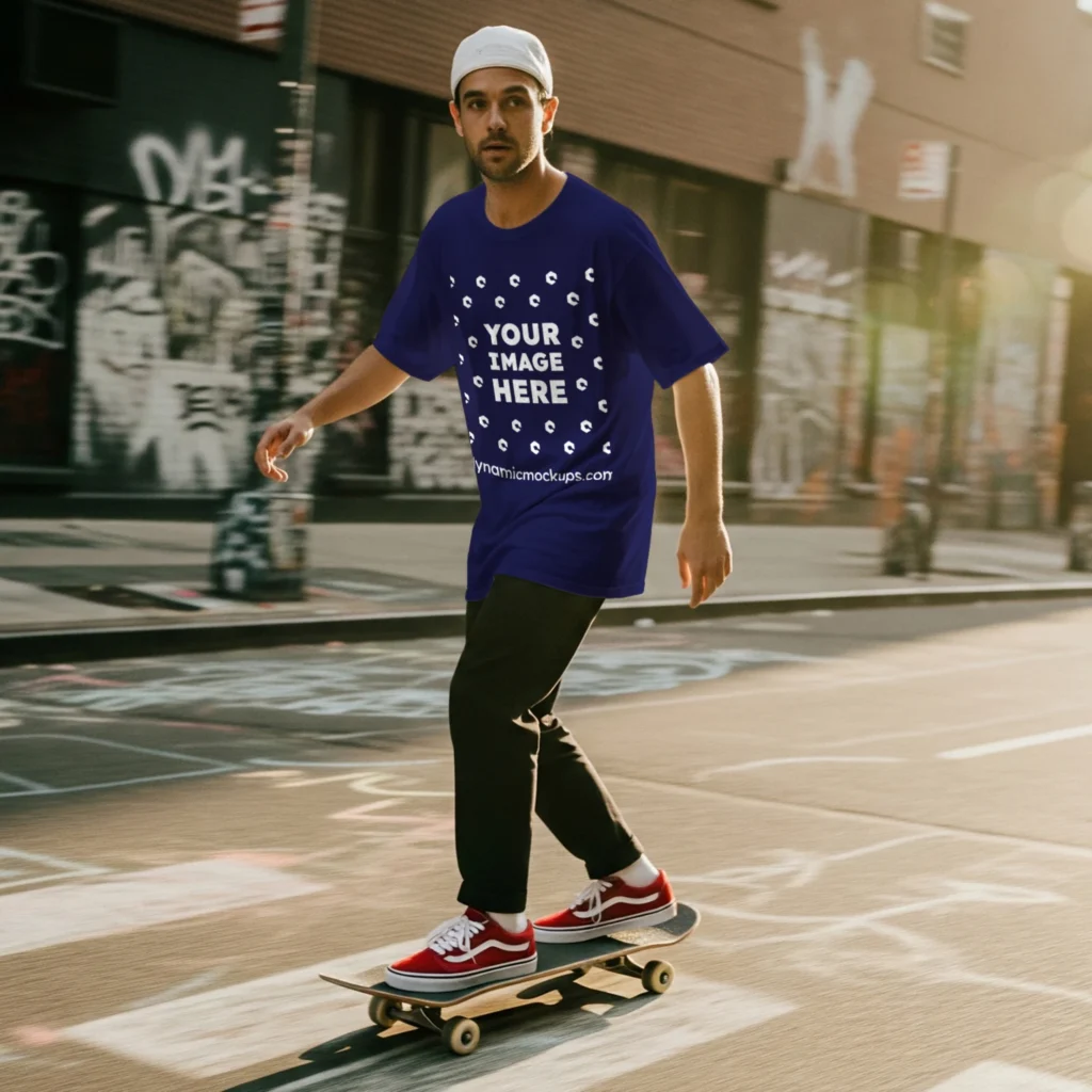 Man Wearing Navy Blue T-shirt Mockup Front View Template