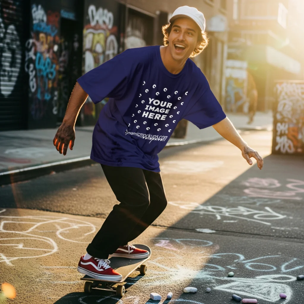 Man Wearing Navy Blue T-shirt Mockup Front View Template