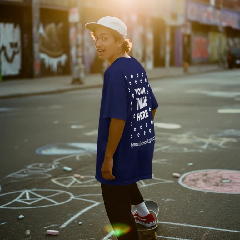 Man Wearing Navy Blue T-shirt Mockup Back View Template