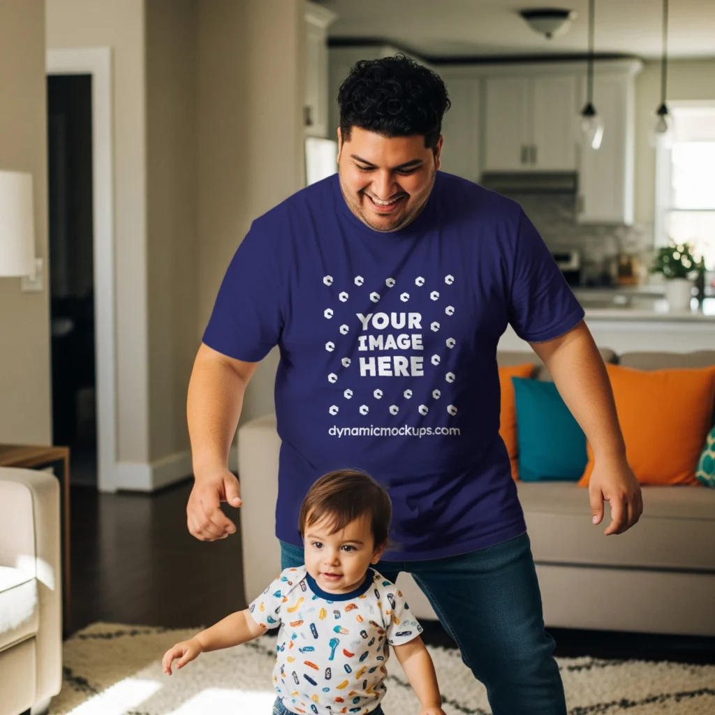 Man Wearing Navy Blue T-shirt Mockup Front View Template