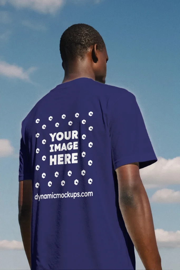 Man Wearing Navy Blue T-shirt Mockup Back View Template