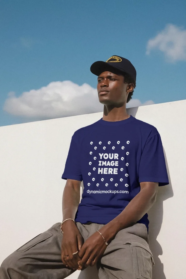 Man Wearing Navy Blue T-shirt Mockup Front View Template
