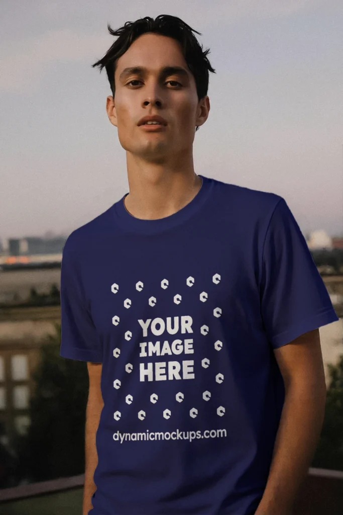 Man Wearing Navy Blue T-shirt Mockup Front View Template