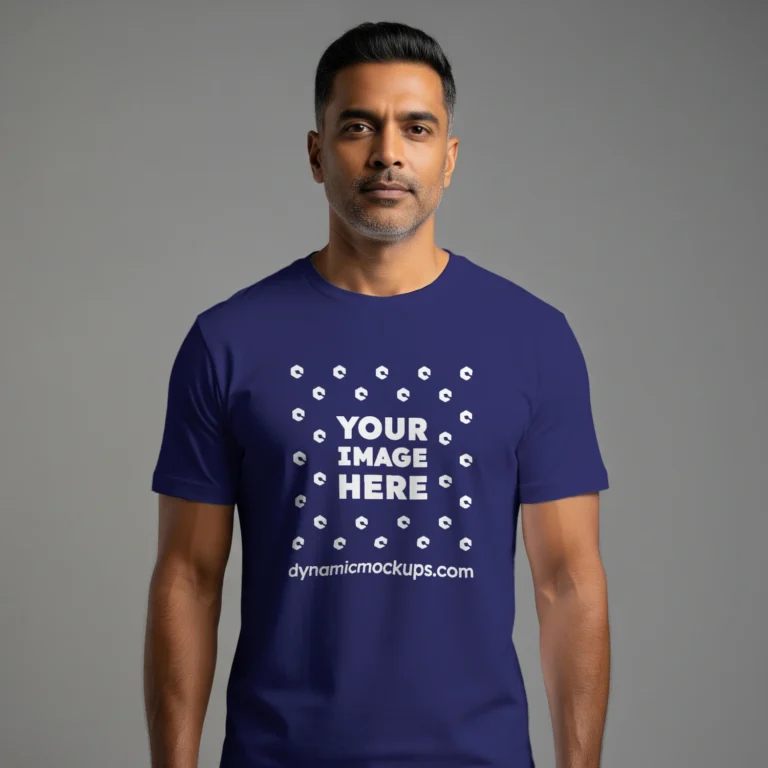 Man Wearing Navy Blue T-shirt Mockup Front View Template
