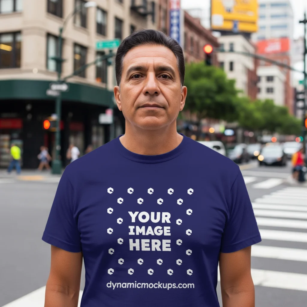 Man Wearing Navy Blue T-shirt Mockup Front View Template