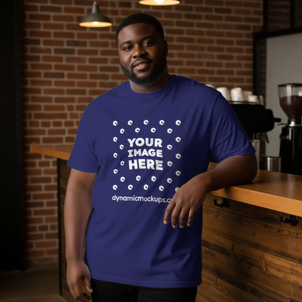 Man Wearing Navy Blue T-shirt Mockup Front View Template