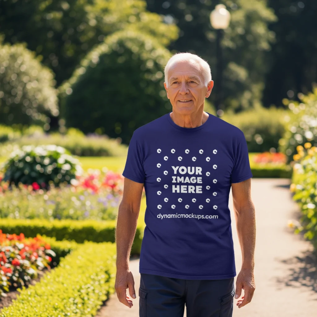 Man Wearing Navy Blue T-shirt Mockup Front View Template