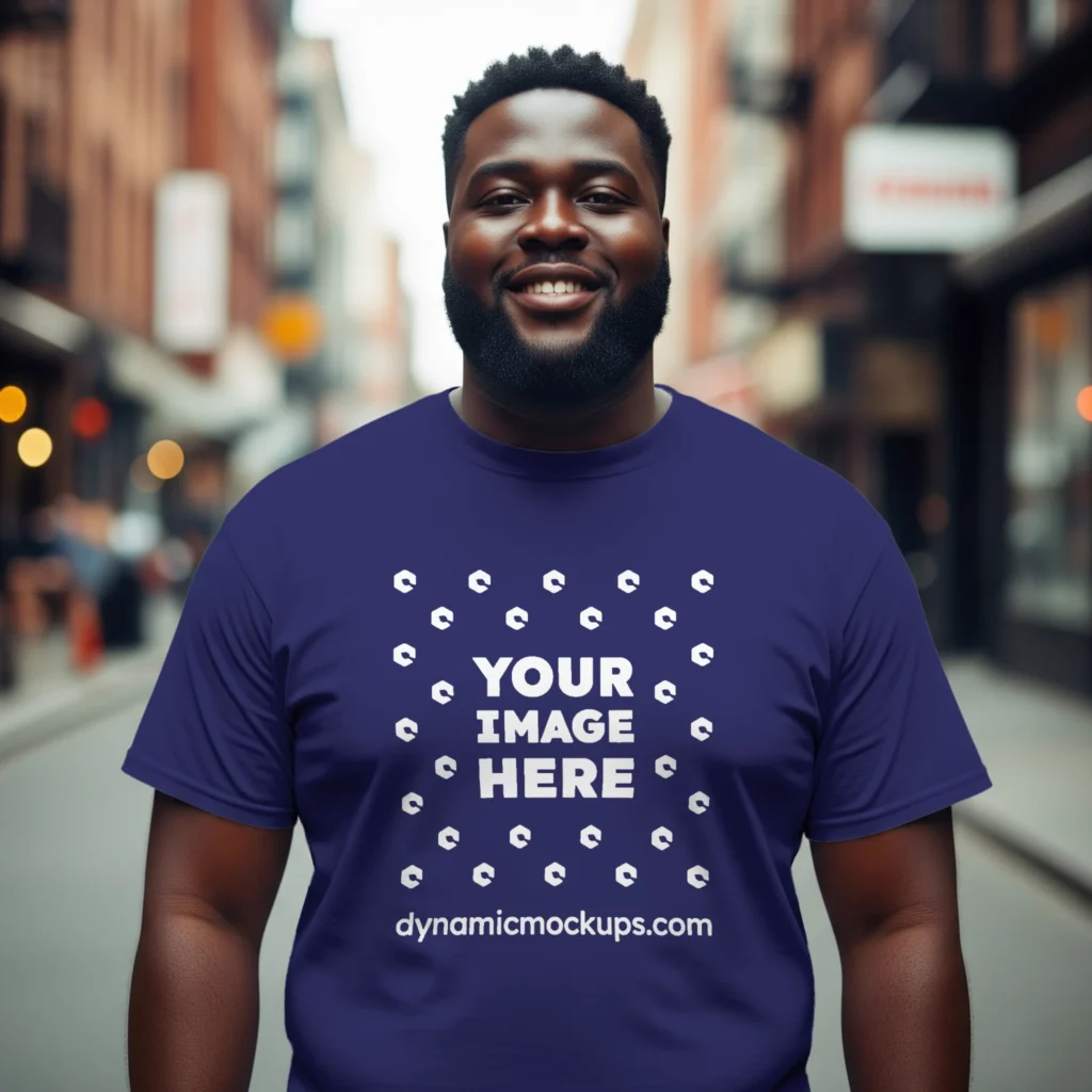 Man Wearing Navy Blue T-shirt Mockup Front View Template