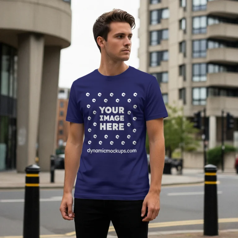 Man Wearing Navy Blue T-shirt Mockup Front View Template