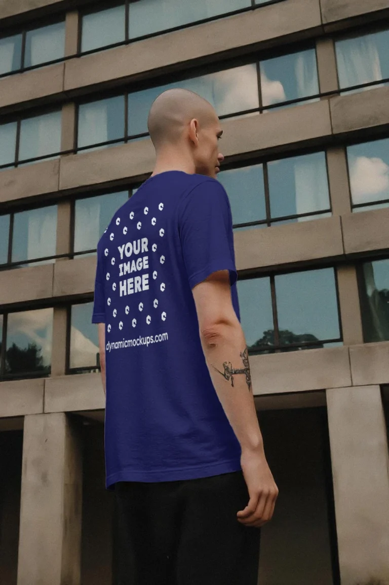 Man Wearing Navy Blue T-shirt Mockup Side View Template