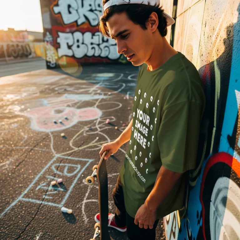 Man Wearing Olive Green T-shirt Mockup Front View Template
