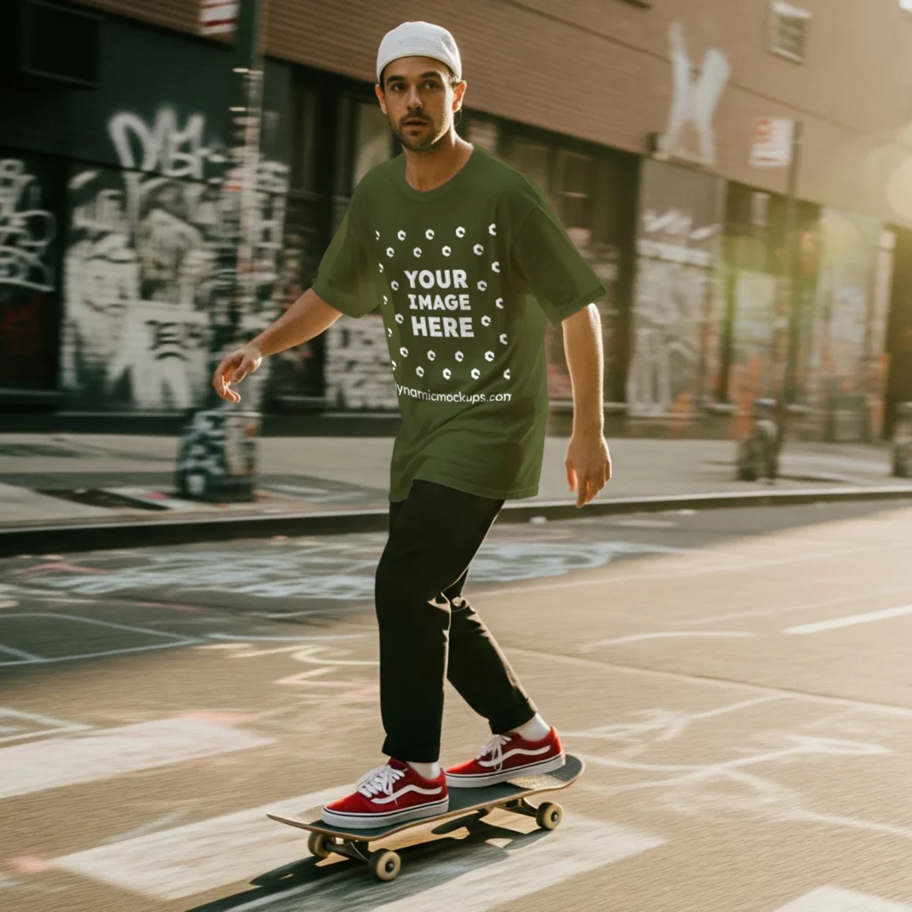 Man Wearing Olive Green T-shirt Mockup Front View Template