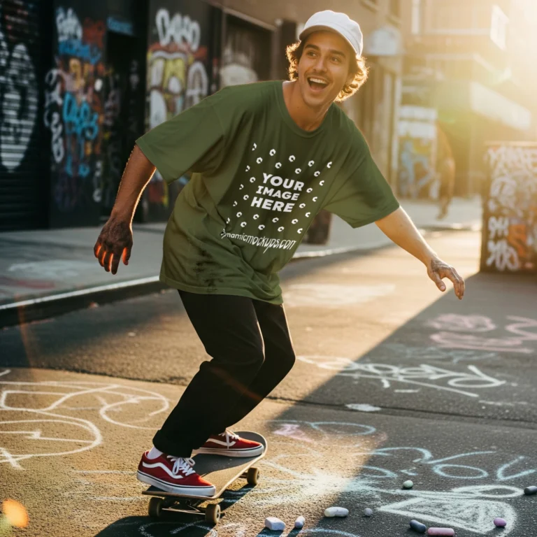 Man Wearing Olive Green T-shirt Mockup Front View Template