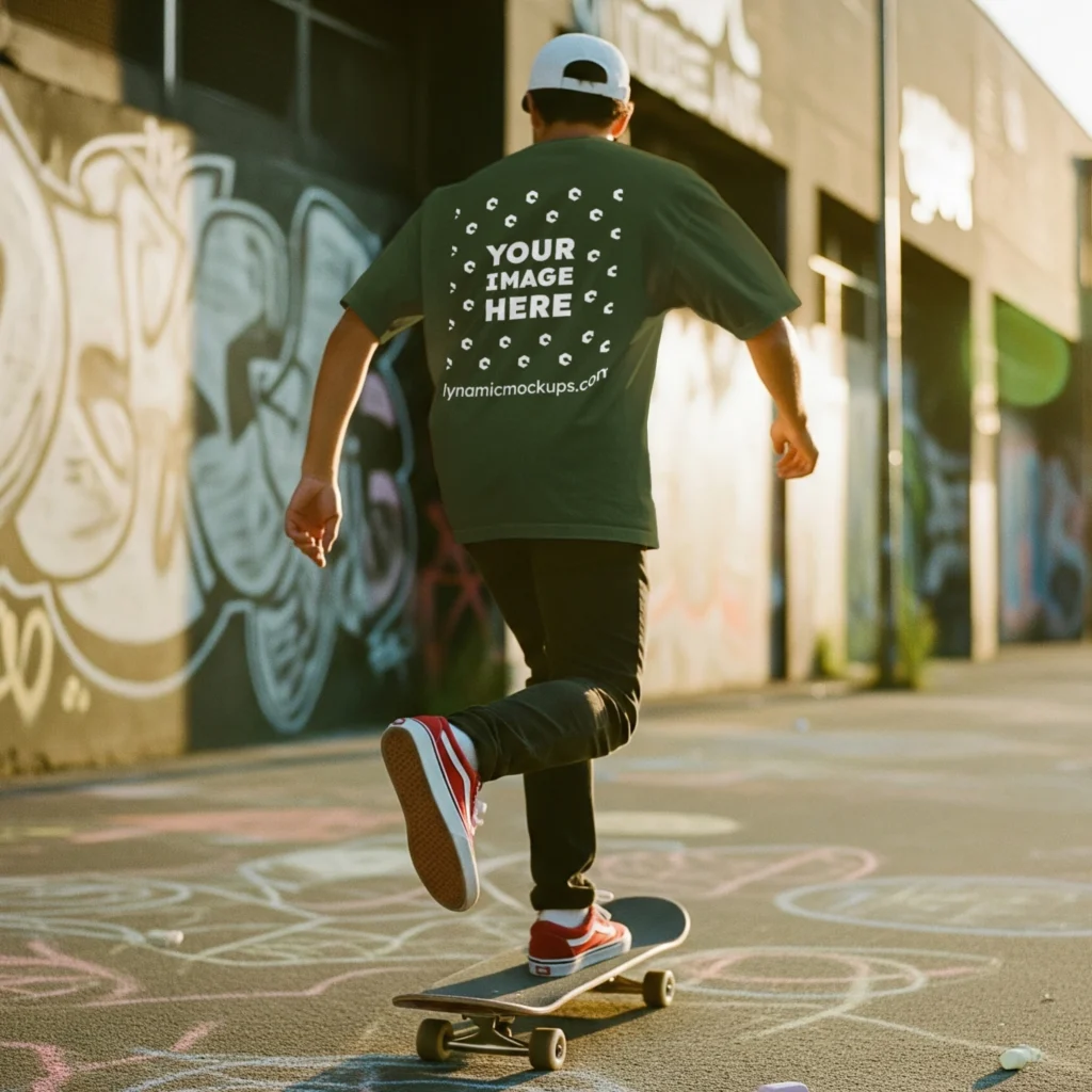 Man Wearing Olive Green T-shirt Mockup Back View Template
