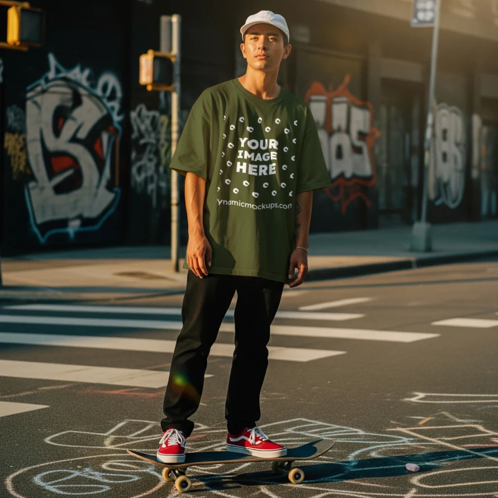 Man Wearing Olive Green T-shirt Mockup Front View Template