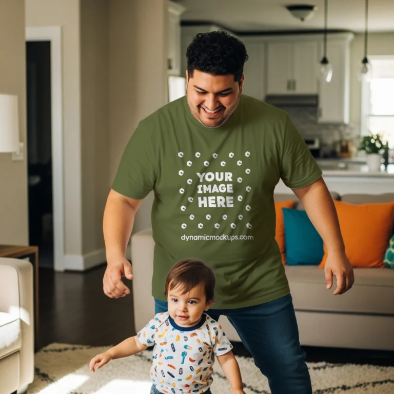 Man Wearing Olive Green T-shirt Mockup Front View Template