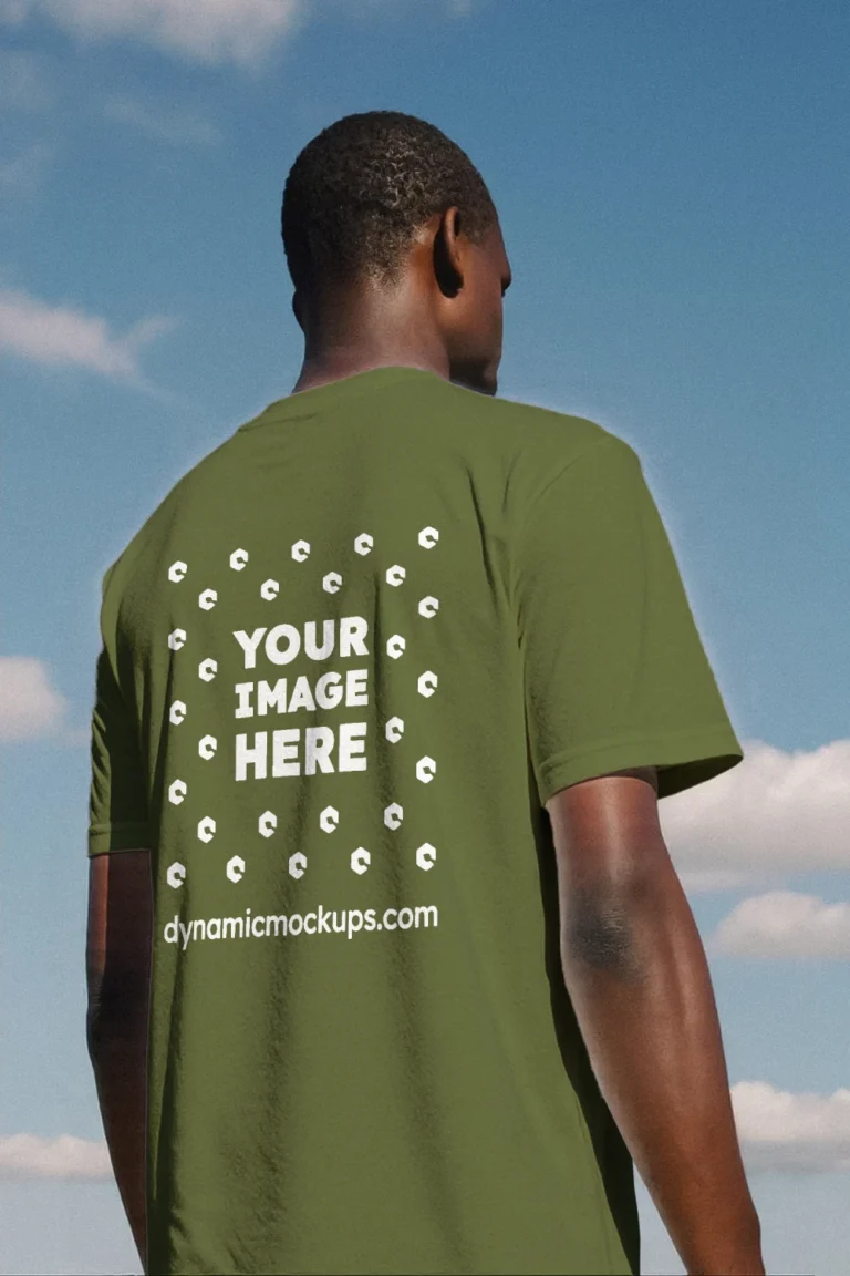 Man Wearing Olive Green T-shirt Mockup Back View Template
