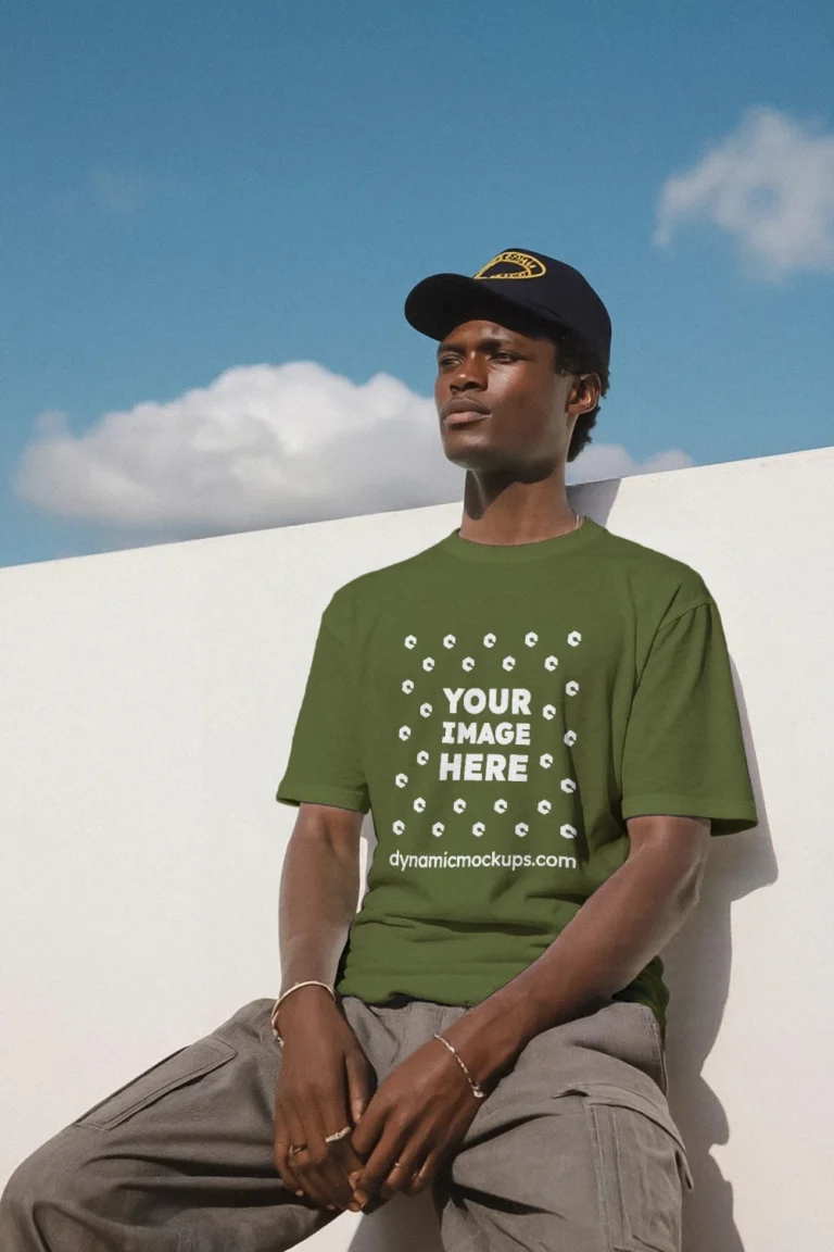 Man Wearing Olive Green T-shirt Mockup Front View Template