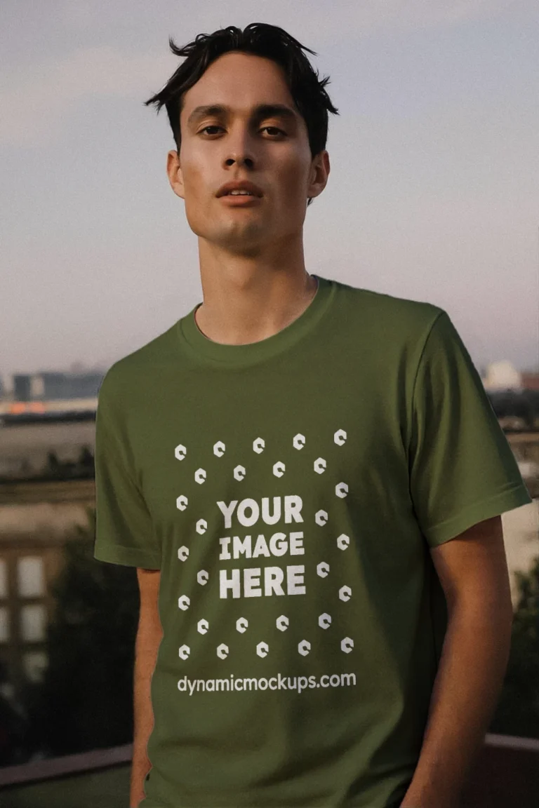 Man Wearing Olive Green T-shirt Mockup Front View Template