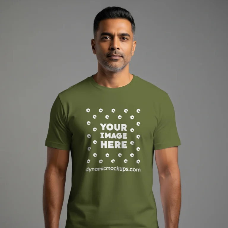 Man Wearing Olive Green T-shirt Mockup Front View Template