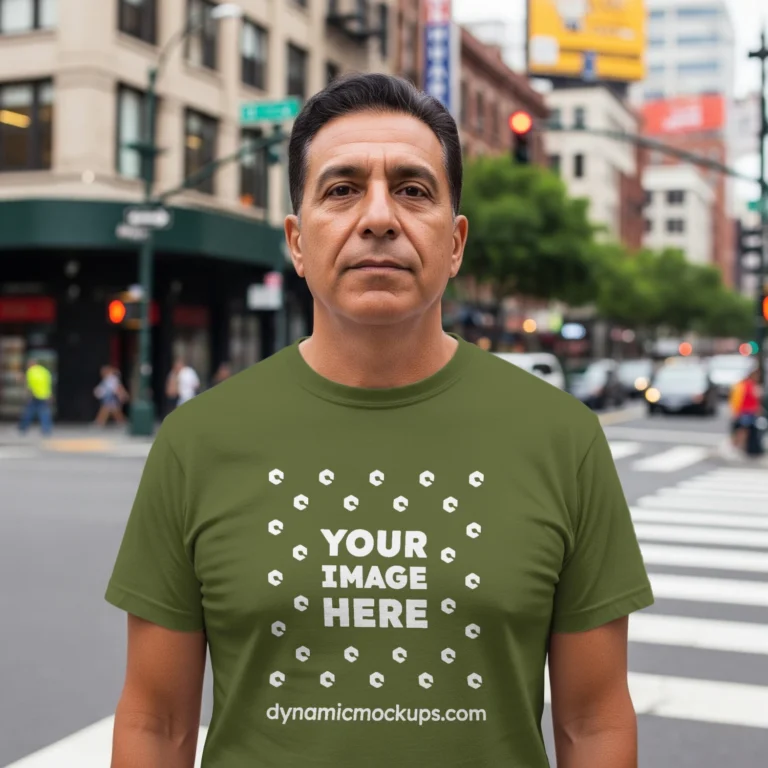 Man Wearing Olive Green T-shirt Mockup Front View Template