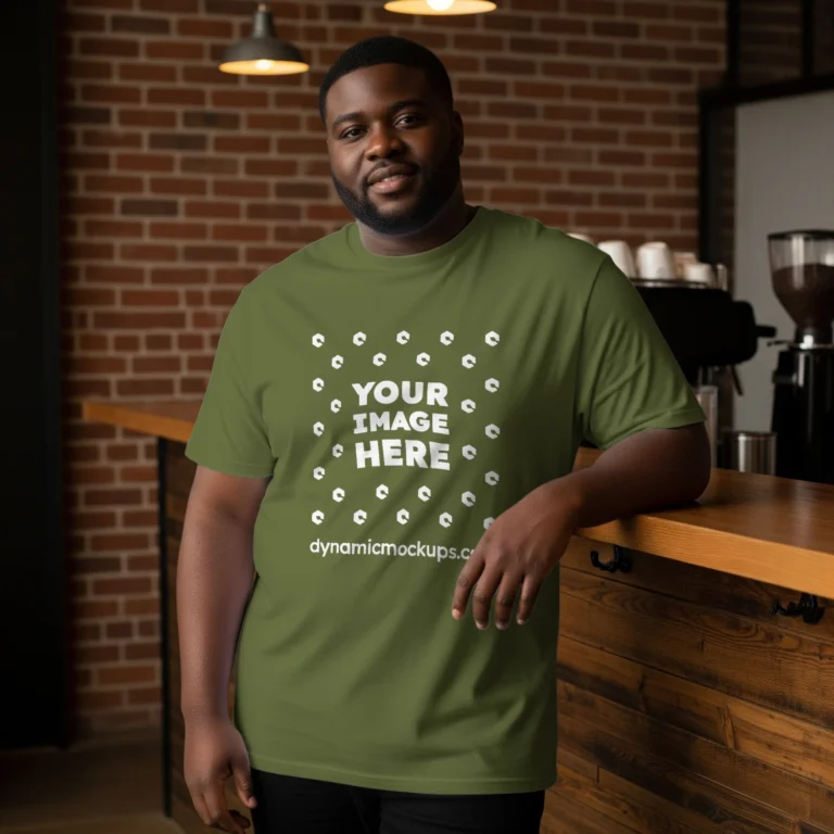 Man Wearing Olive Green T-shirt Mockup Front View Template