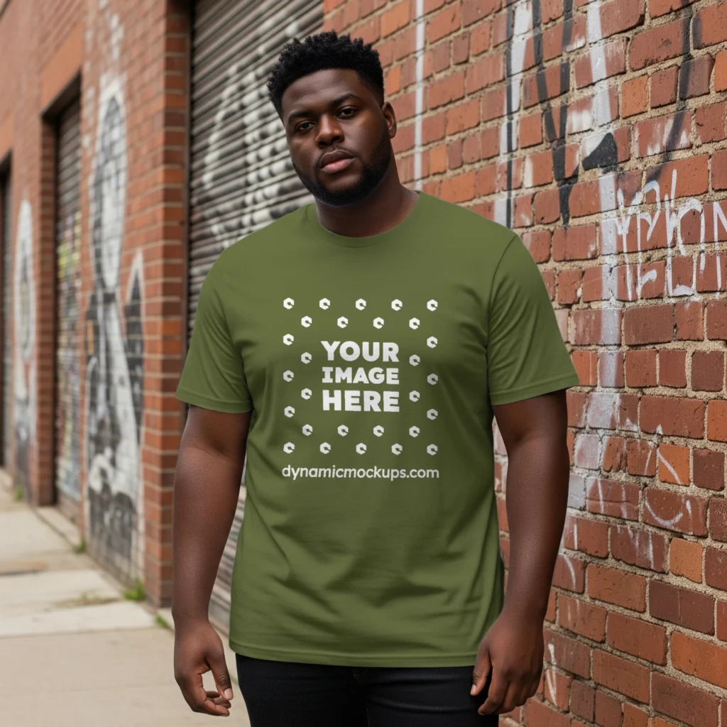 Man Wearing Olive Green T-shirt Mockup Front View Template