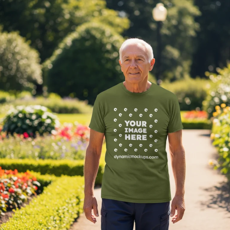 Man Wearing Olive Green T-shirt Mockup Front View Template