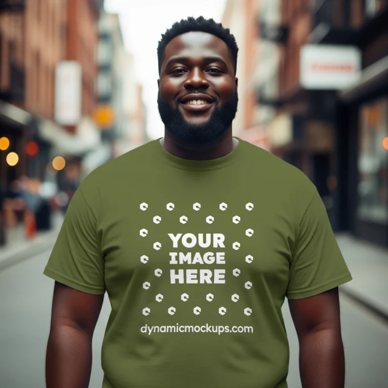 Man Wearing Olive Green T-shirt Mockup Front View Template