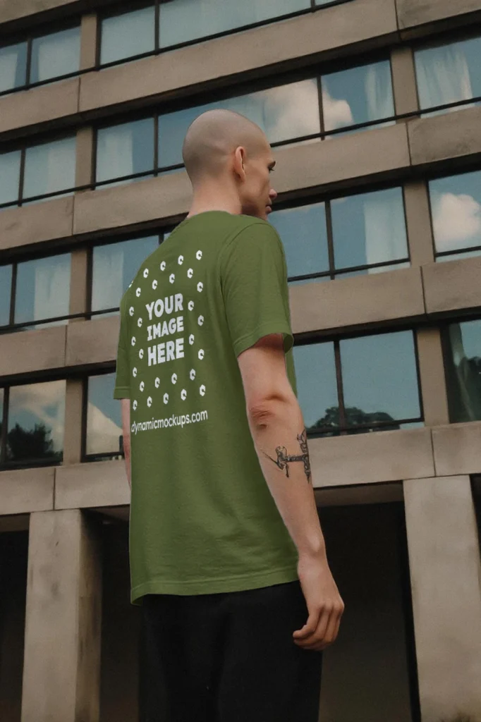 Man Wearing Olive Green T-shirt Mockup Side View Template