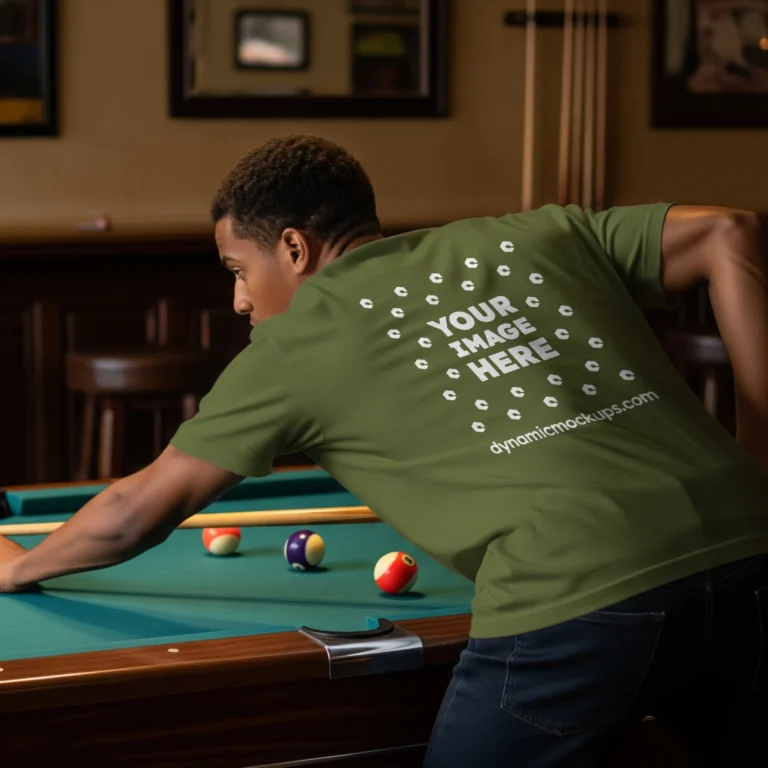 Man Wearing Olive Green T-shirt Mockup Back View Template