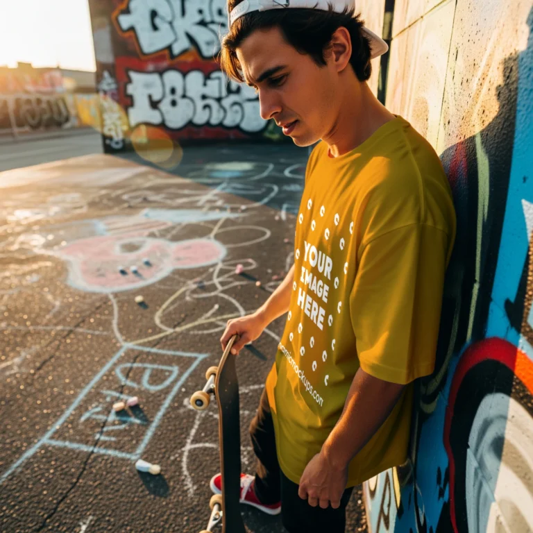 Man Wearing Orange T-shirt Mockup Front View Template