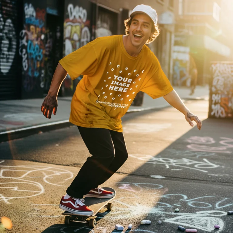Man Wearing Orange T-shirt Mockup Front View Template
