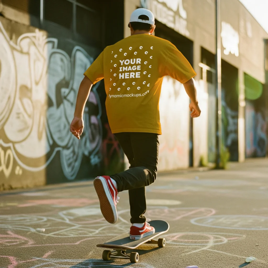 Man Wearing Orange T-shirt Mockup Back View Template