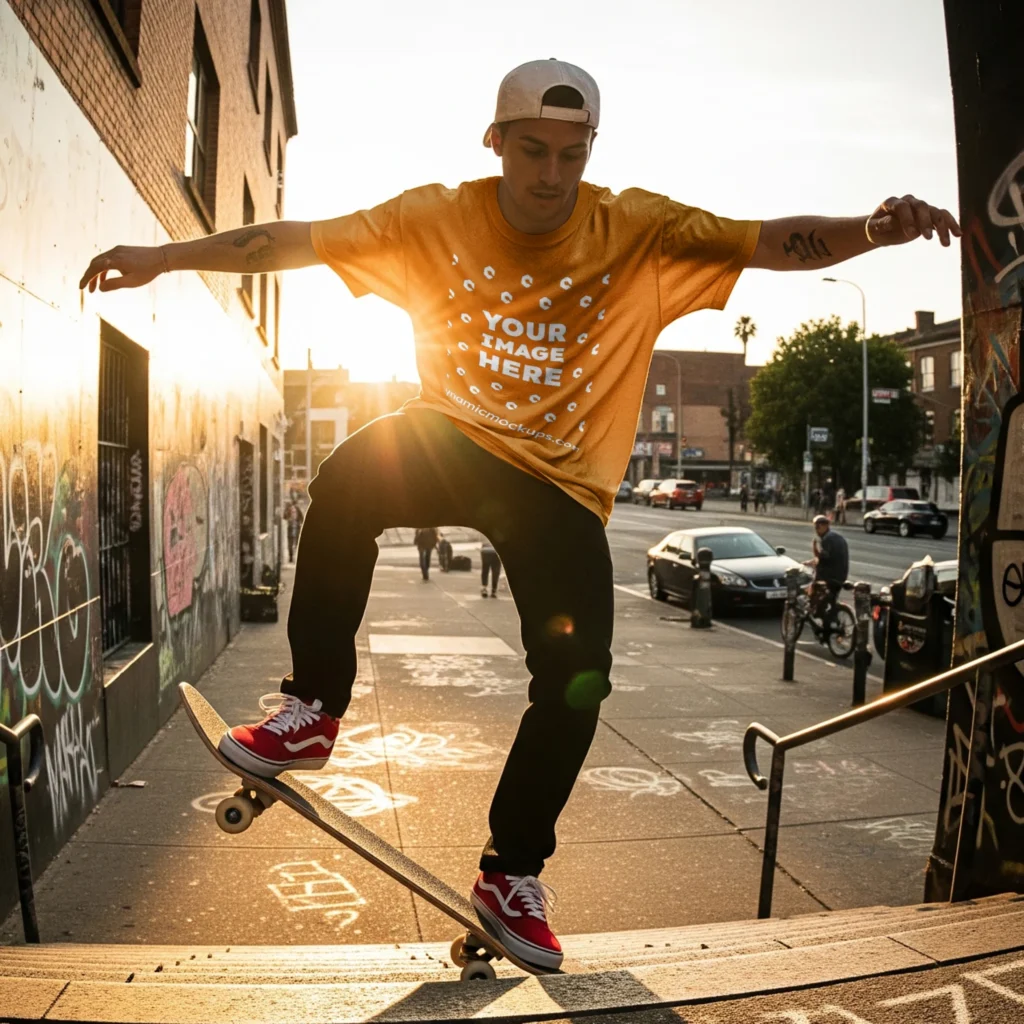 Man Wearing Orange T-shirt Mockup Front View Template