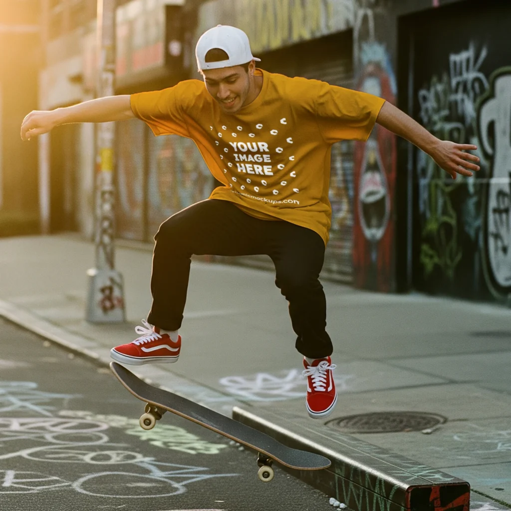 Man Wearing Orange T-shirt Mockup Front View Template