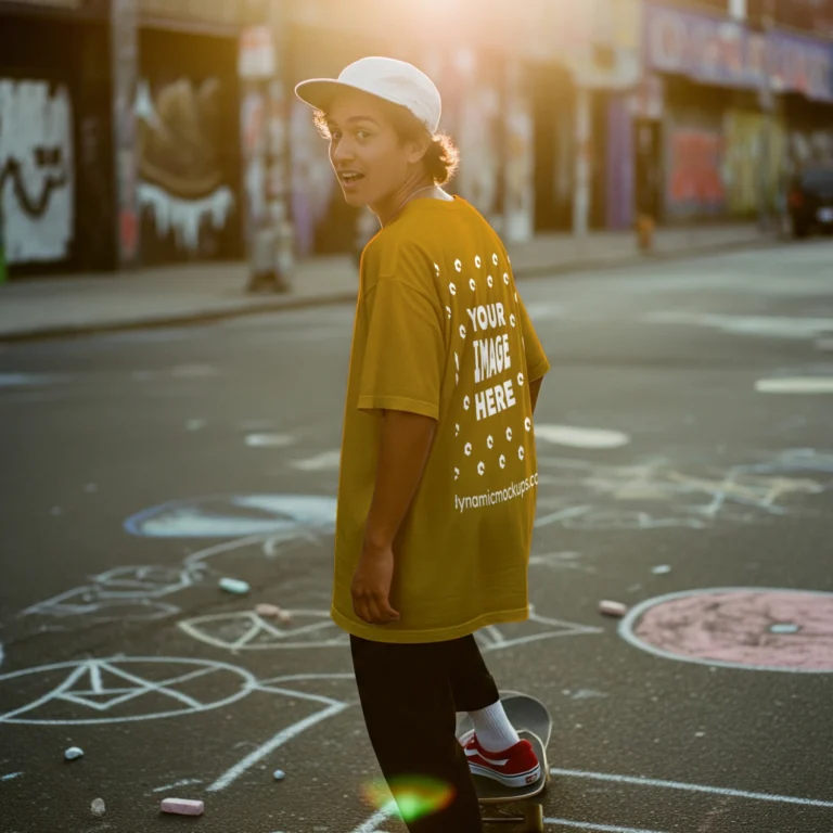 Man Wearing Orange T-shirt Mockup Back View Template