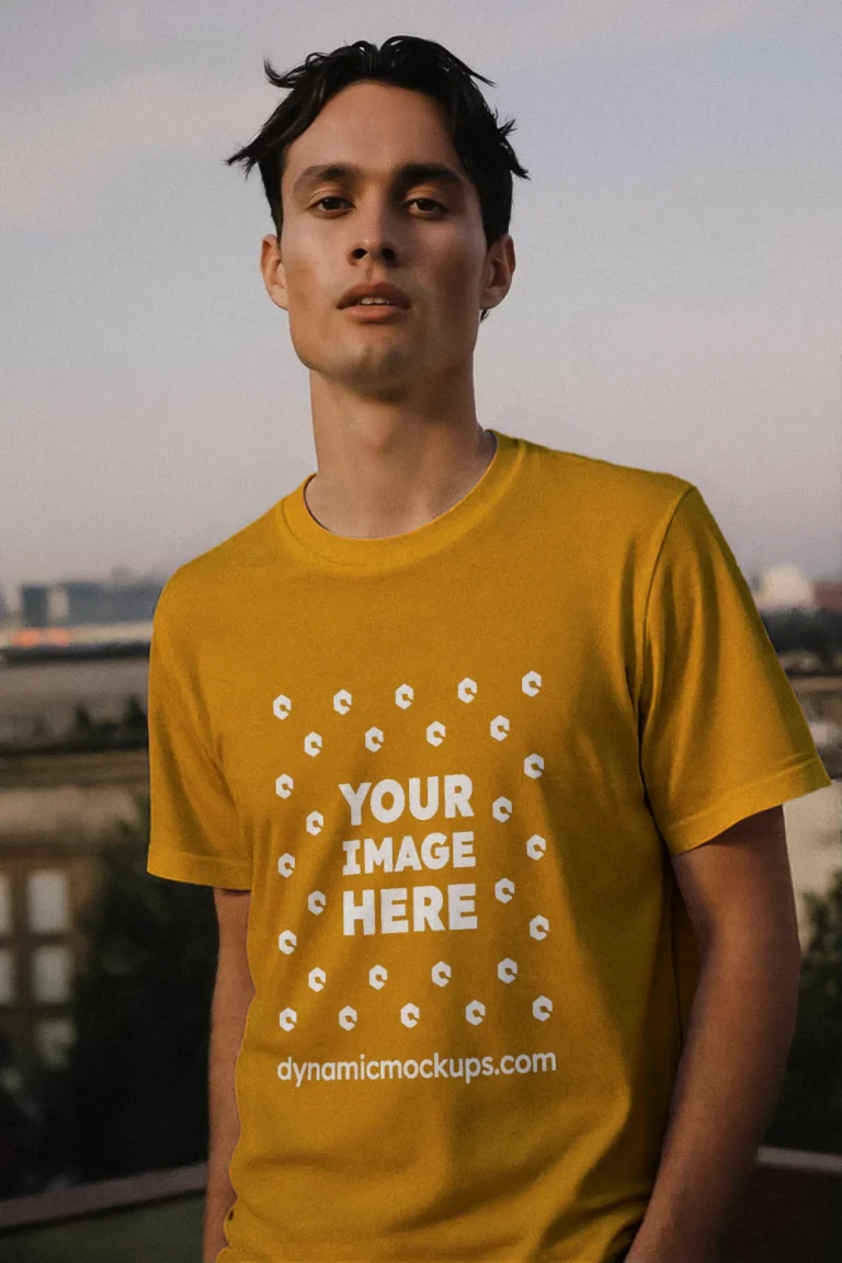 Man Wearing Orange T-shirt Mockup Front View Template