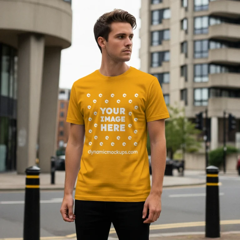 Man Wearing Orange T-shirt Mockup Front View Template