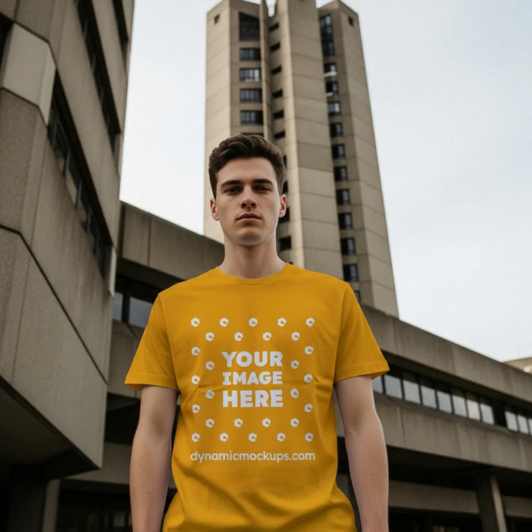 Man Wearing Orange T-shirt Mockup Front View Template