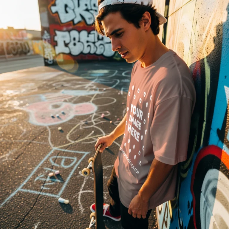 Man Wearing Peach T-shirt Mockup Front View Template