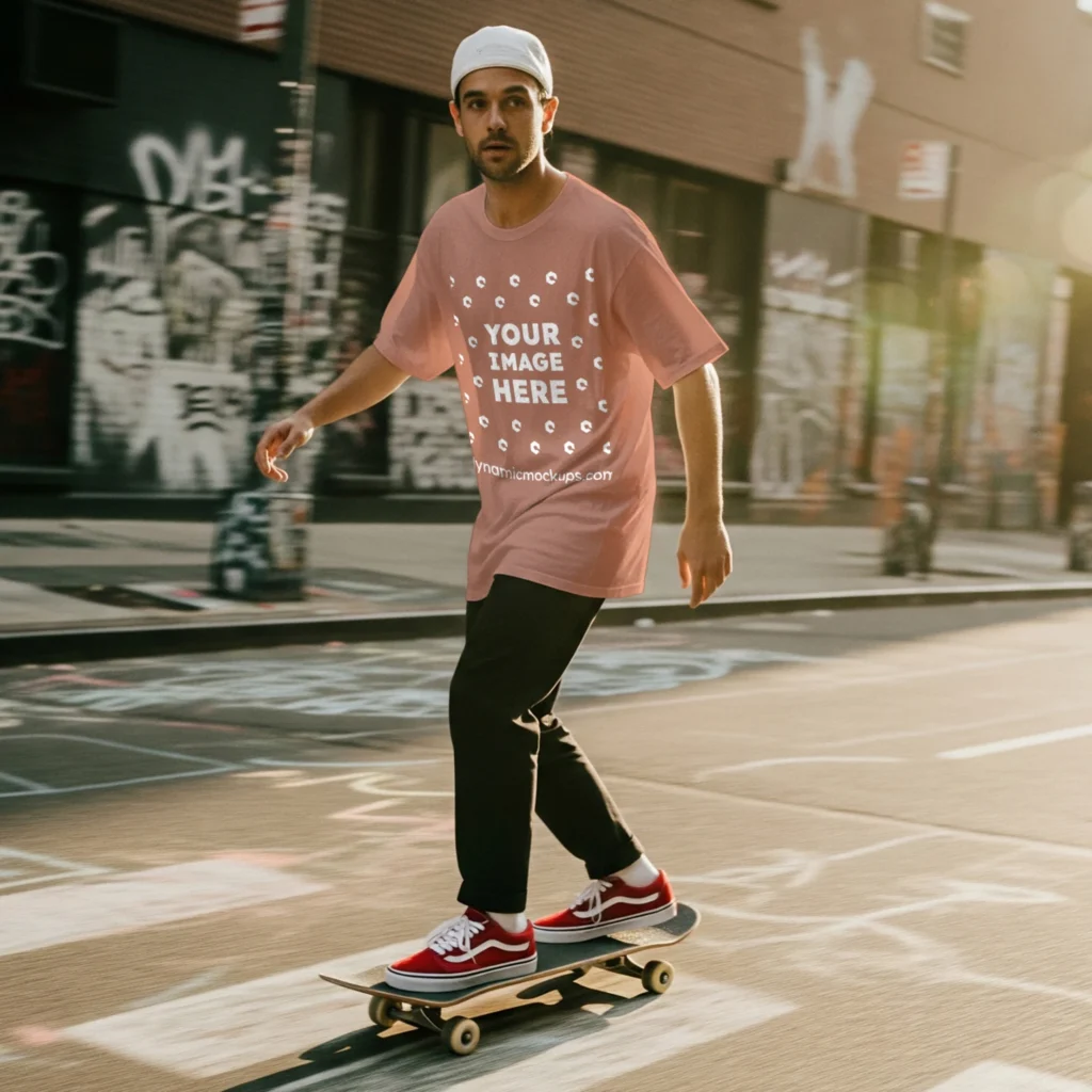 Man Wearing Peach T-shirt Mockup Front View Template