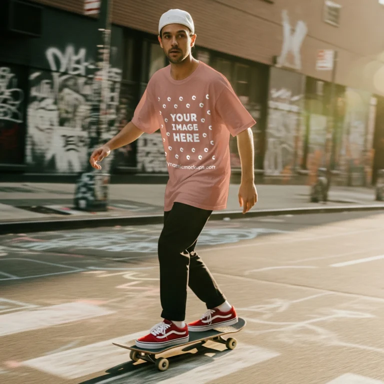 Man Wearing Peach T-shirt Mockup Front View Template