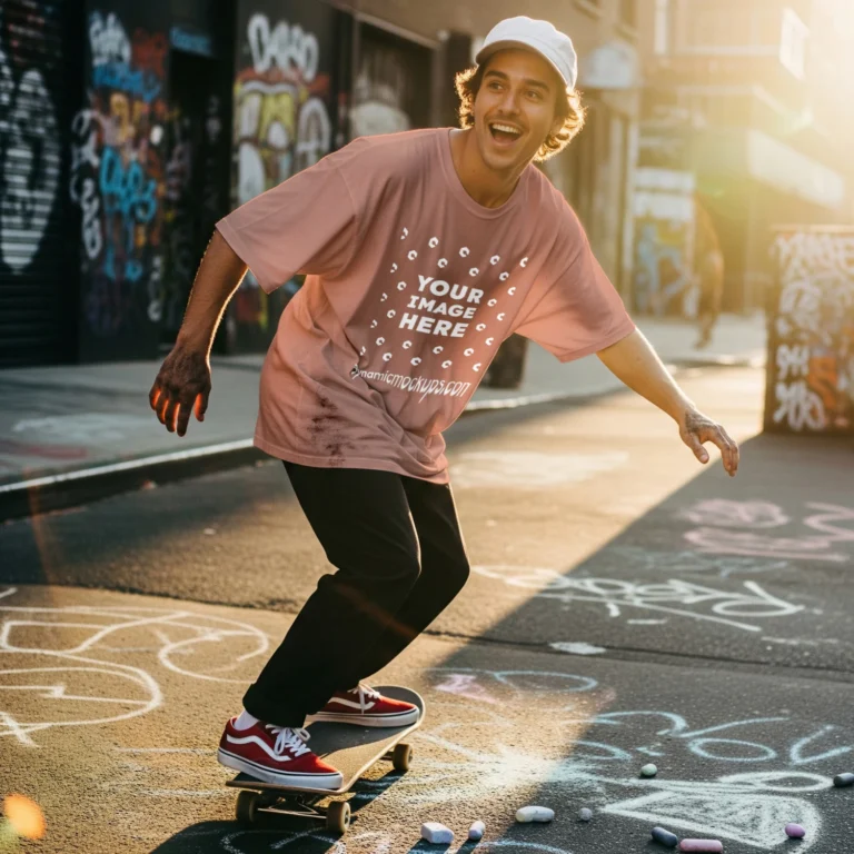 Man Wearing Peach T-shirt Mockup Front View Template