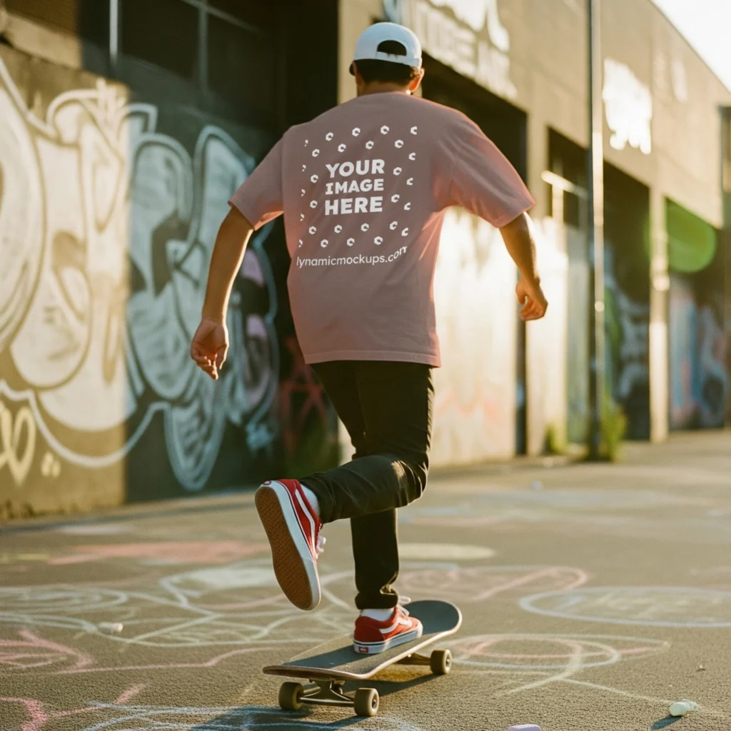 Man Wearing Peach T-shirt Mockup Back View Template
