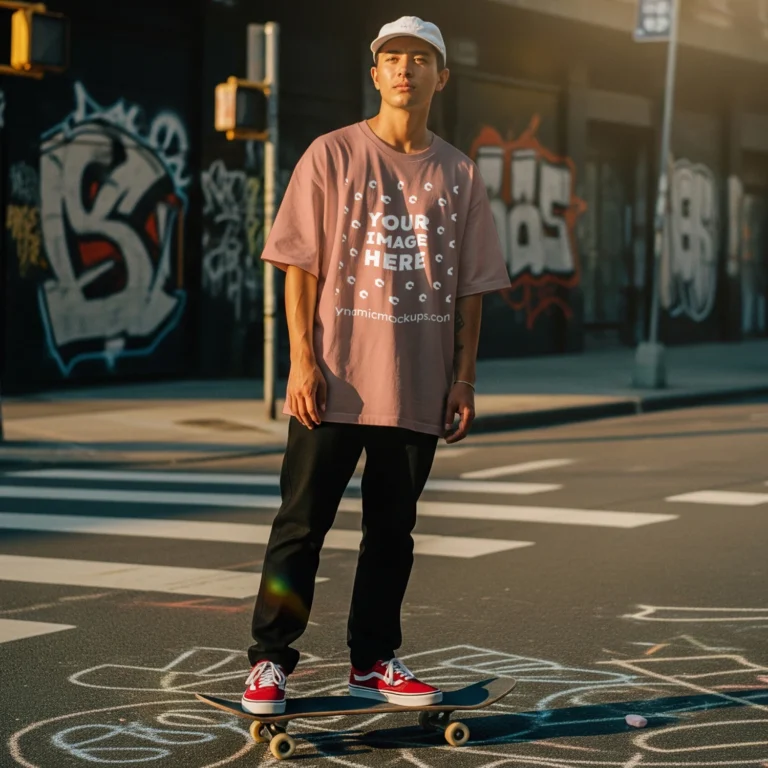 Man Wearing Peach T-shirt Mockup Front View Template