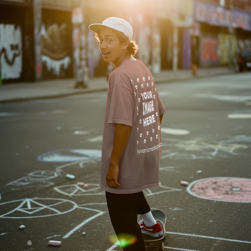Man Wearing Peach T-shirt Mockup Back View Template