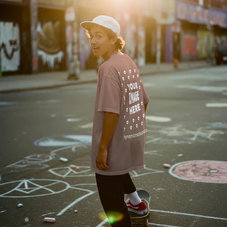 Man Wearing Peach T-shirt Mockup Back View Template