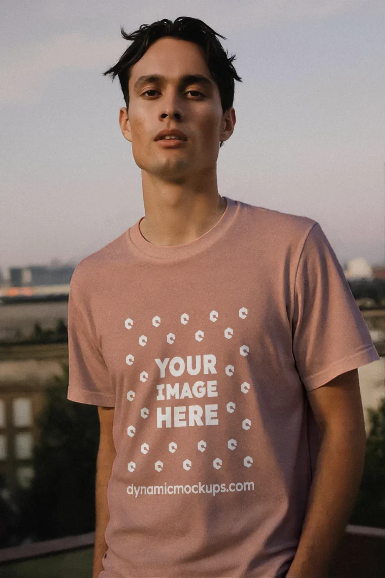 Man Wearing Peach T-shirt Mockup Front View Template